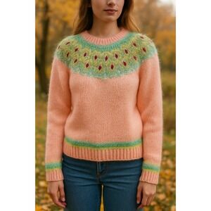 🧶 Hand Knit Pastel Sweater Women's Large – Fuzzy Yoke Pullover Cottagecore Cozy